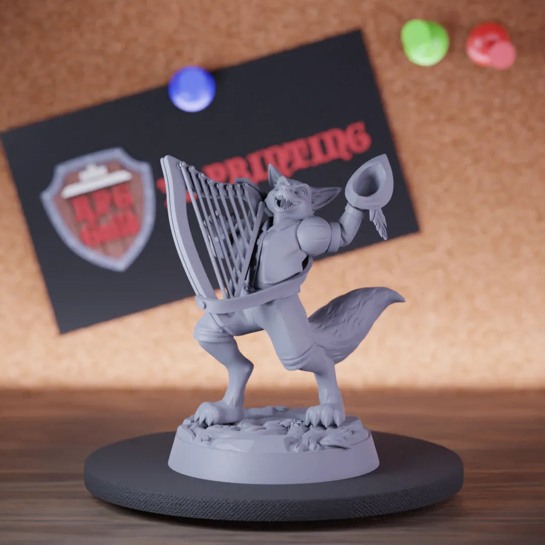 Highly detailed bard foxfolk harp vixen miniature of Foxfolk, perfect for DnD 5e encounters, fantasy tabletop RPG campaigns, painting and display.