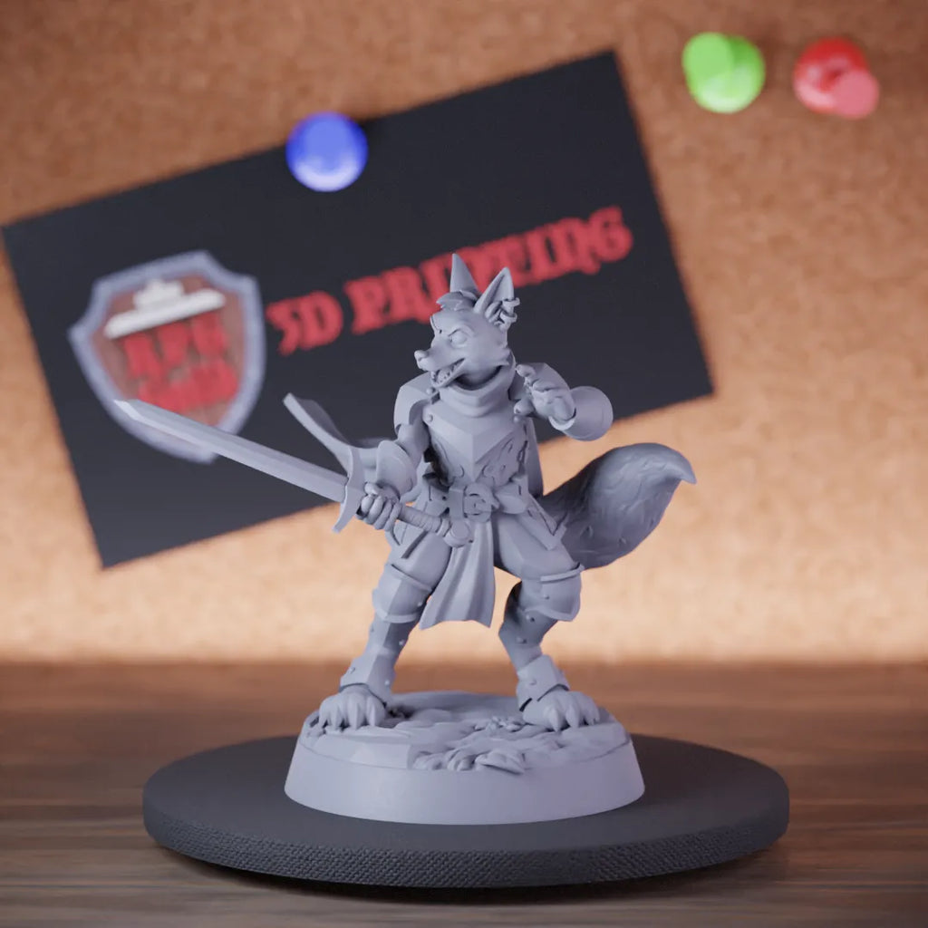Highly detailed paladin foxfolk longsword vixen miniature of Foxfolk, perfect for DnD 5e encounters, fantasy tabletop RPG campaigns, painting and display.
