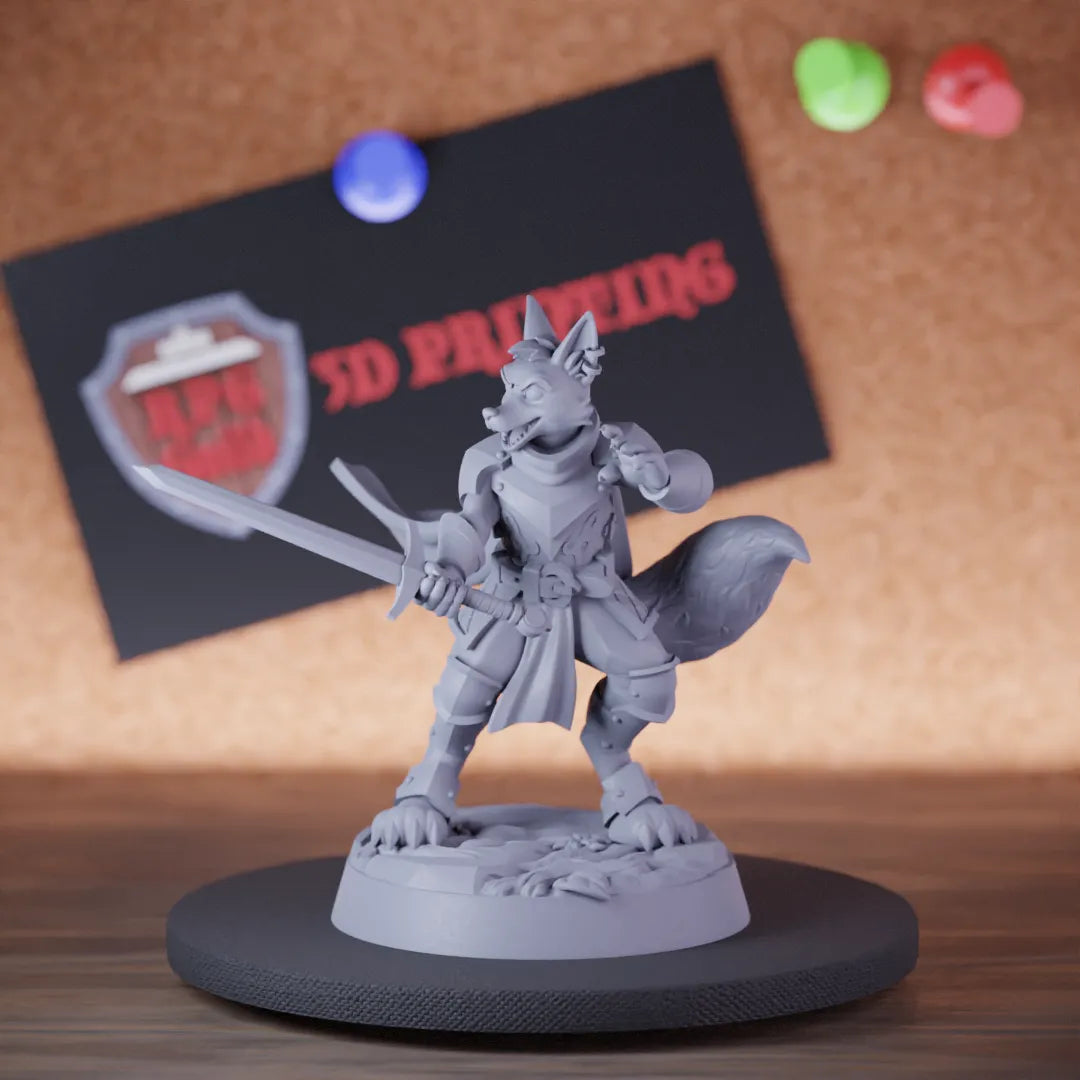 Highly detailed paladin foxfolk longsword vixen miniature of Foxfolk, perfect for DnD 5e encounters, fantasy tabletop RPG campaigns, painting and display.