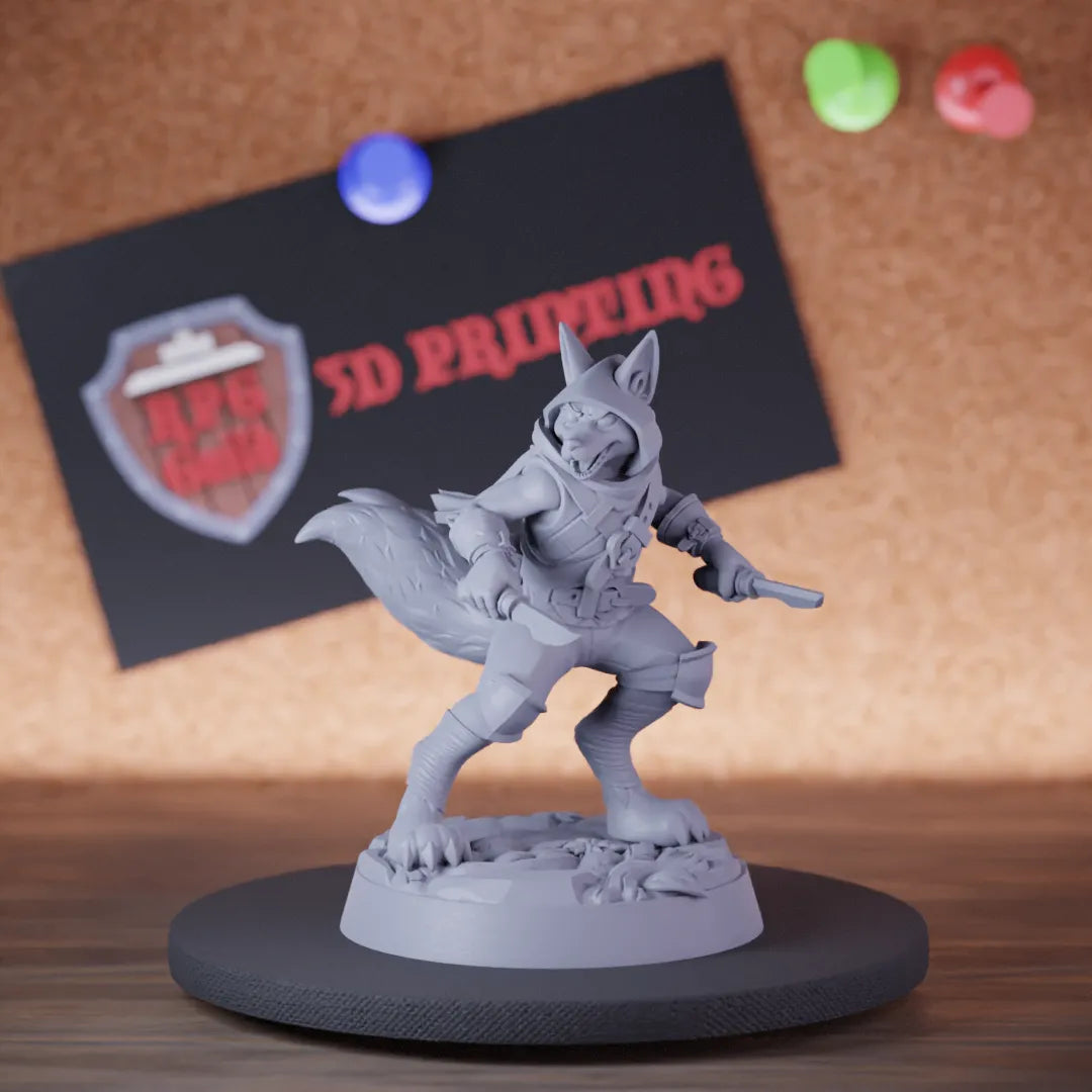 Highly detailed rogue foxfolk two daggers vixen miniature of Foxfolk, perfect for DnD 5e encounters, fantasy tabletop RPG campaigns, painting and display.