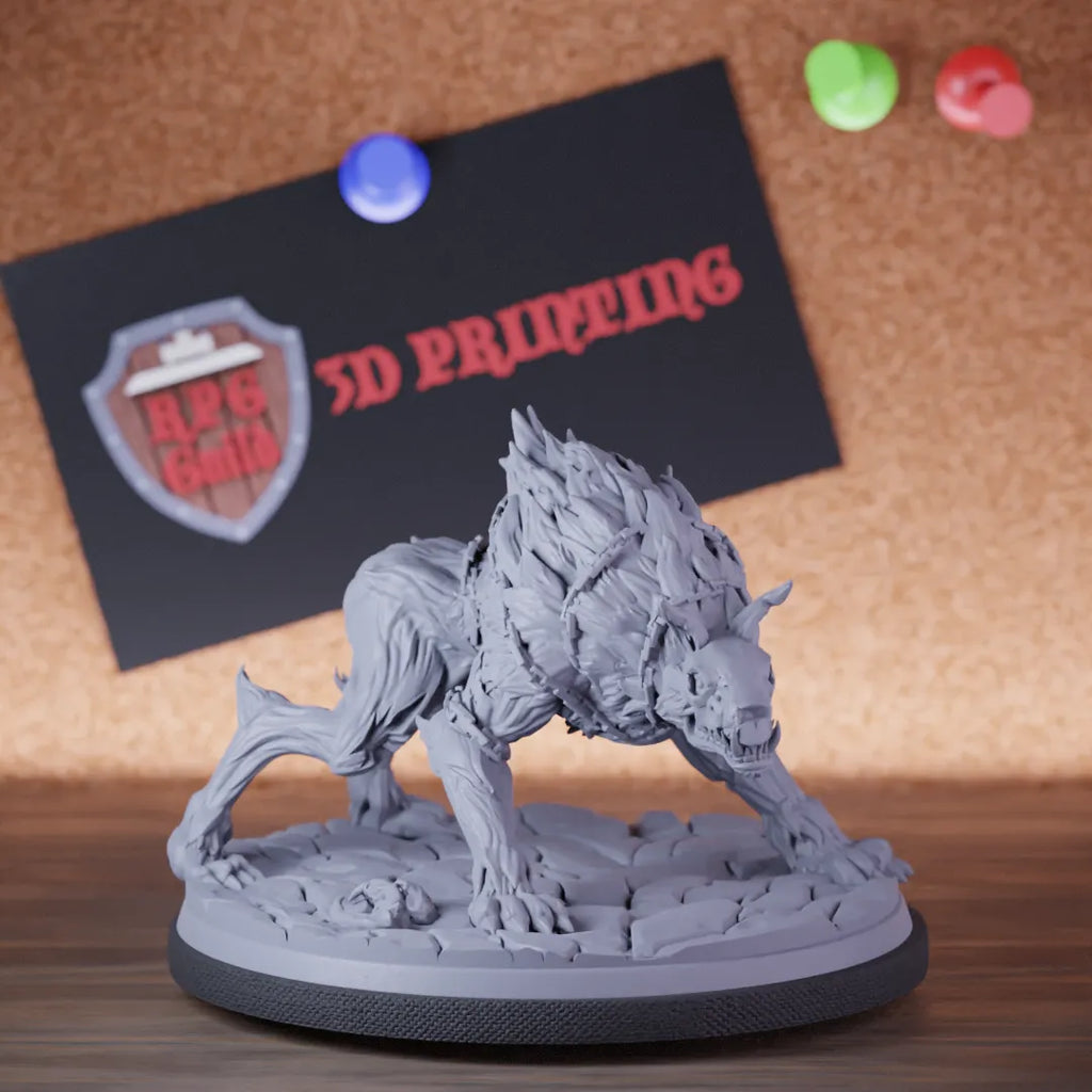 Highly detailed demon hell hound hellish creature miniature of Garm, perfect for DnD 5e encounters, fantasy tabletop RPG campaigns, painting and display.