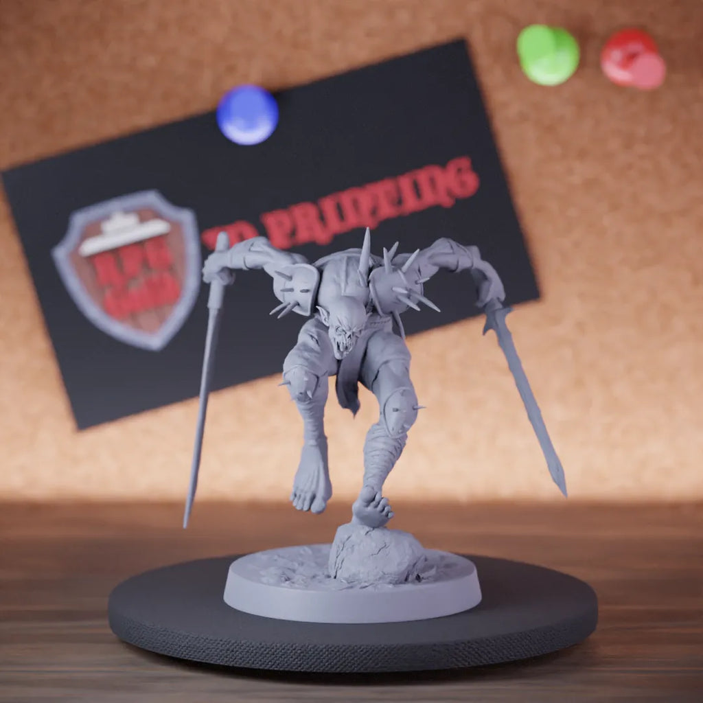 Highly detailed undead ghoul zombie double sword miniature of GhoulRavager, perfect for DnD 5e encounters, fantasy tabletop RPG campaigns, painting and display.
