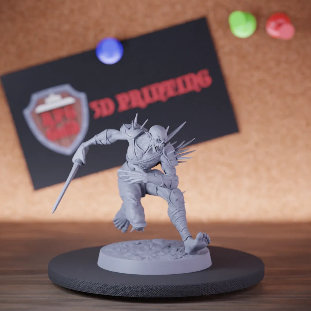 Highly detailed undead ghoul zombie sword charging miniature of GhoulRavager, perfect for DnD 5e encounters, fantasy tabletop RPG campaigns, painting and display.