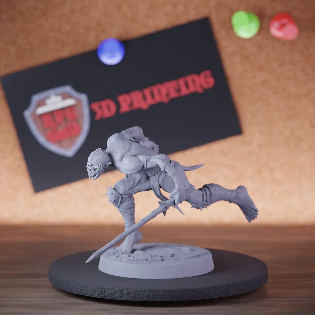 Highly detailed undead ghoul zombie sword leap miniature of GhoulRavager, perfect for DnD 5e encounters, fantasy tabletop RPG campaigns, painting and display.