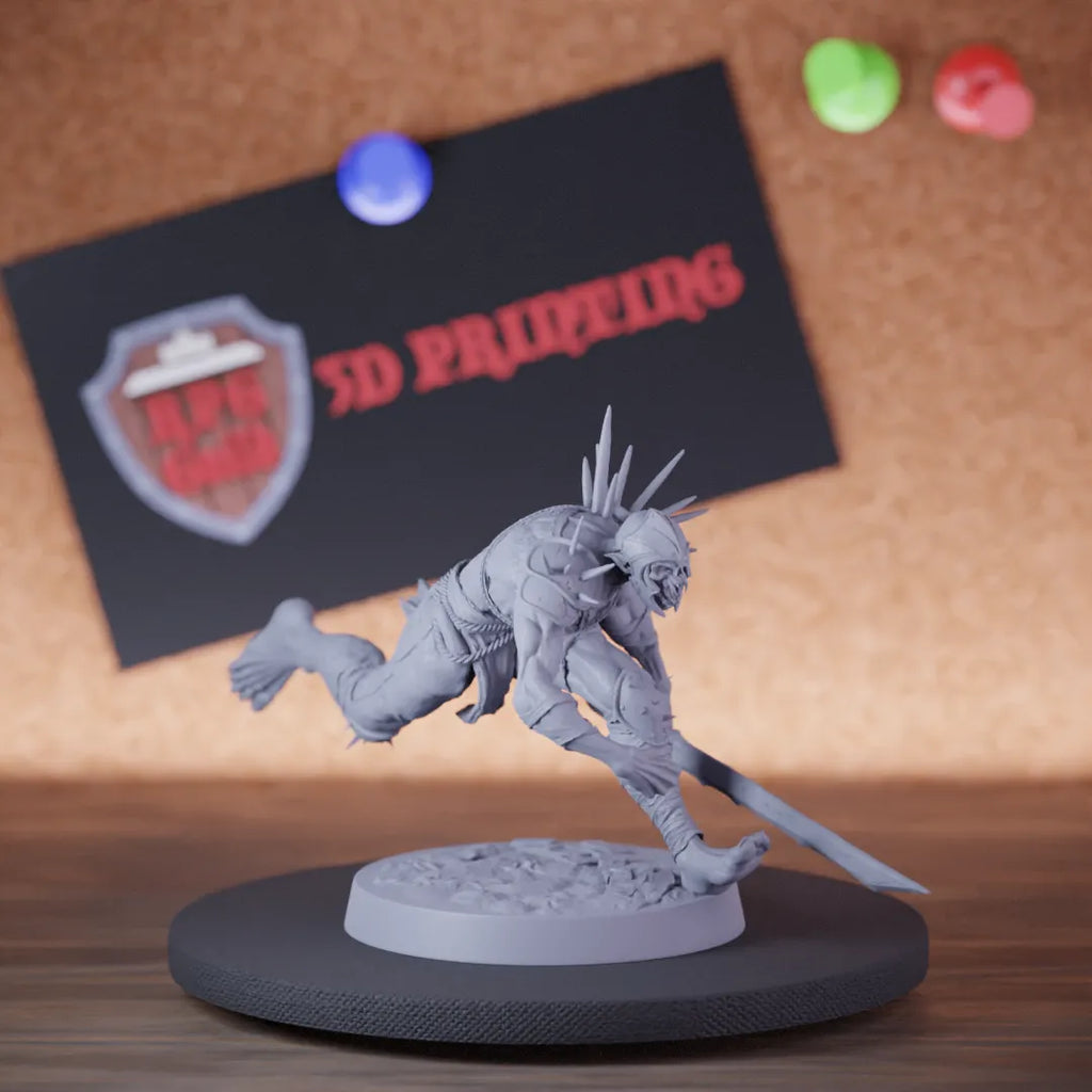 Highly detailed undead ghoul zombie sword running miniature of GhoulRavager, perfect for DnD 5e encounters, fantasy tabletop RPG campaigns, painting and display.