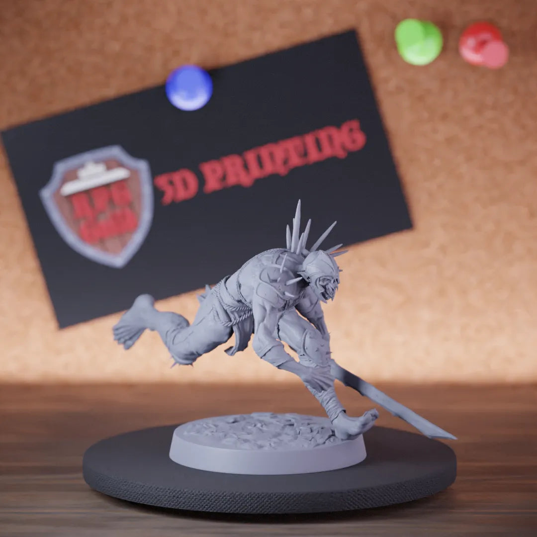 Highly detailed undead ghoul zombie sword running miniature of GhoulRavager, perfect for DnD 5e encounters, fantasy tabletop RPG campaigns, painting and display.