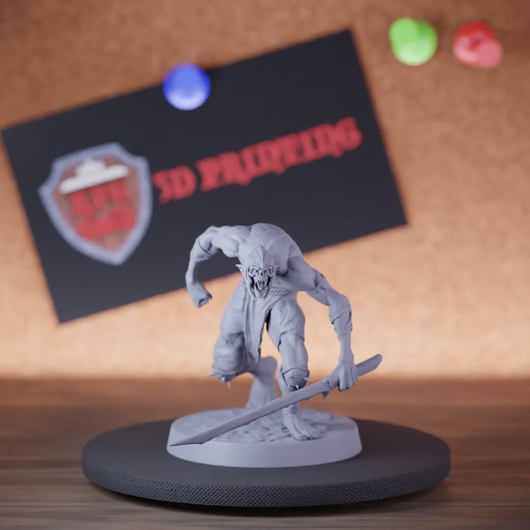Highly detailed undead ghoul zombie katana charging miniature of GhoulRavager, perfect for DnD 5e encounters, fantasy tabletop RPG campaigns, painting and display.