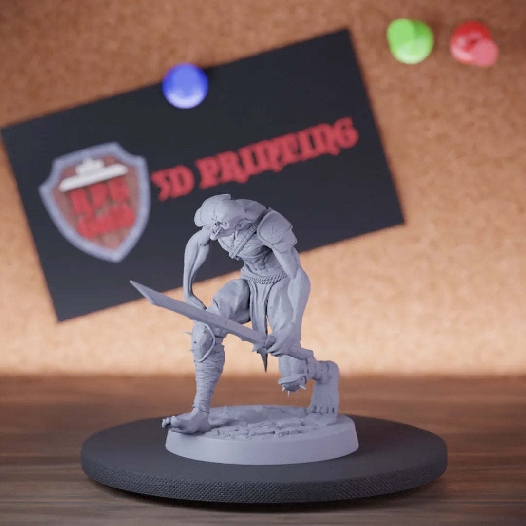 Highly detailed undead ghoul zombie katana guard miniature of GhoulRavager, perfect for DnD 5e encounters, fantasy tabletop RPG campaigns, painting and display.