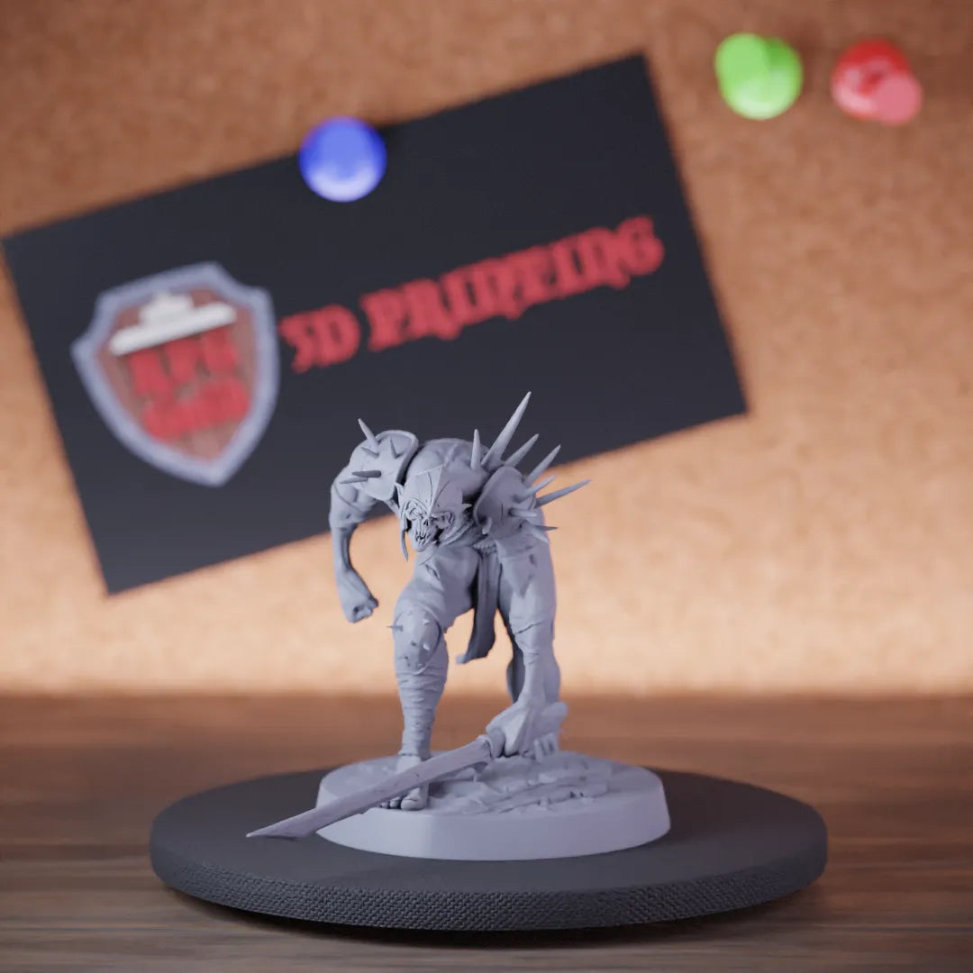 Highly detailed undead ghoul zombie katana sneaking miniature of GhoulRavager, perfect for DnD 5e encounters, fantasy tabletop RPG campaigns, painting and display.