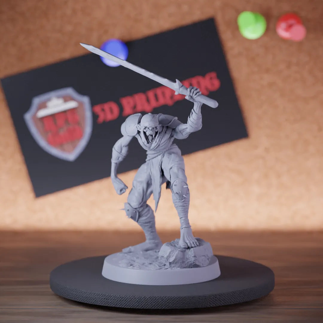 Highly detailed undead ghoul zombie katana triumph miniature of GhoulRavager, perfect for DnD 5e encounters, fantasy tabletop RPG campaigns, painting and display.