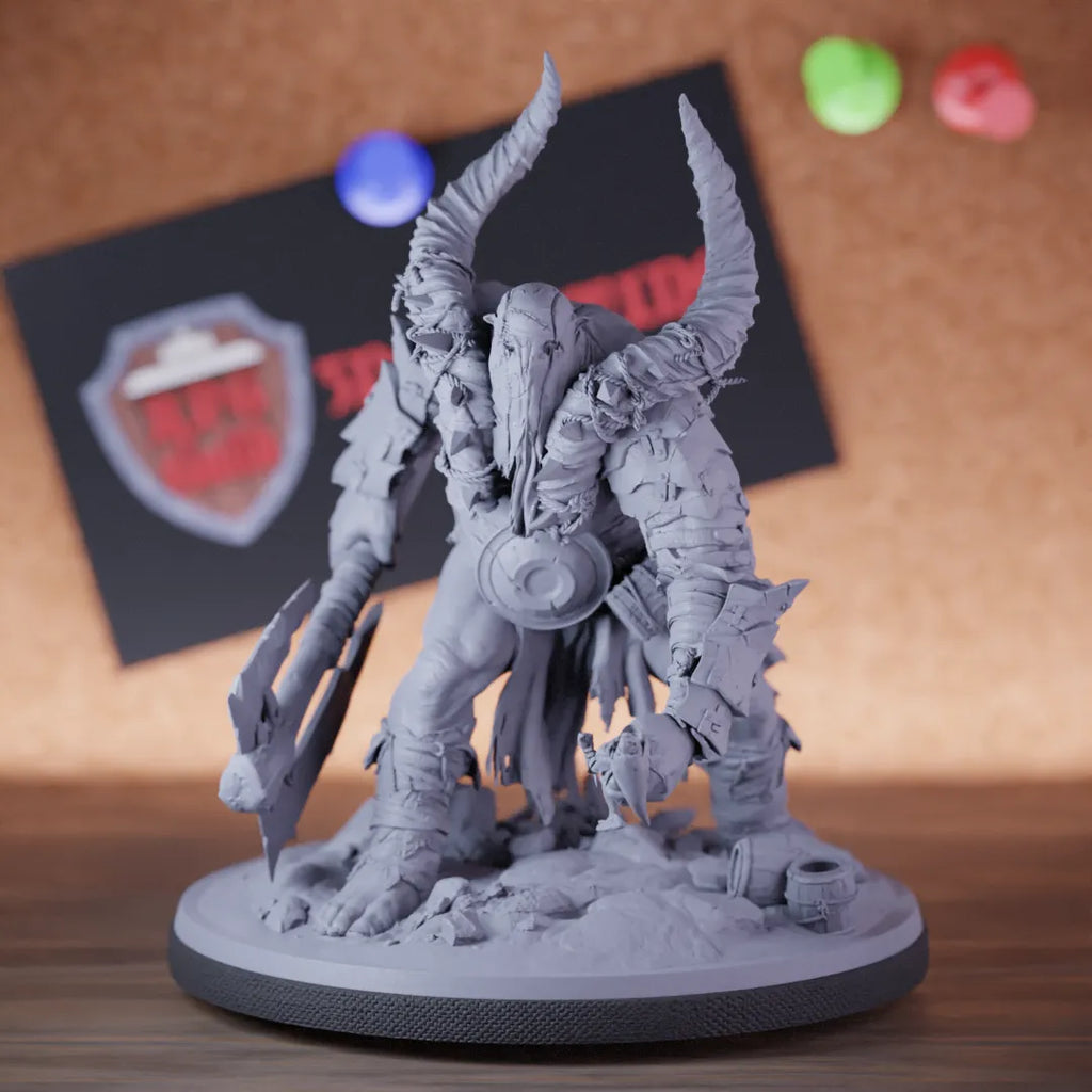 Highly detailed ogre tribal guard axe miniature of GiantStonebreaker, perfect for DnD 5e encounters, fantasy tabletop RPG campaigns, painting and display.