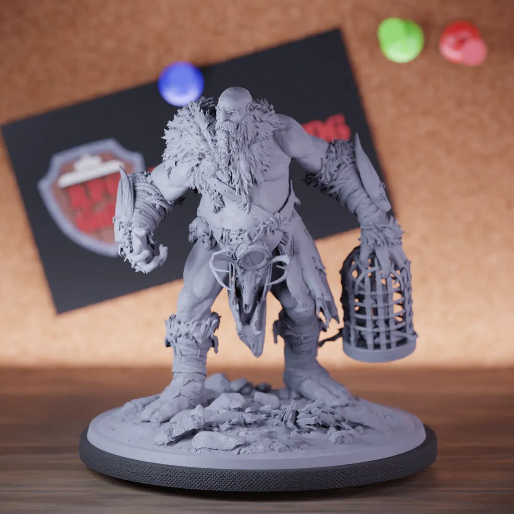 Highly detailed giant tribal cage guard miniature of GiantStonebreaker, perfect for DnD 5e encounters, fantasy tabletop RPG campaigns, painting and display.