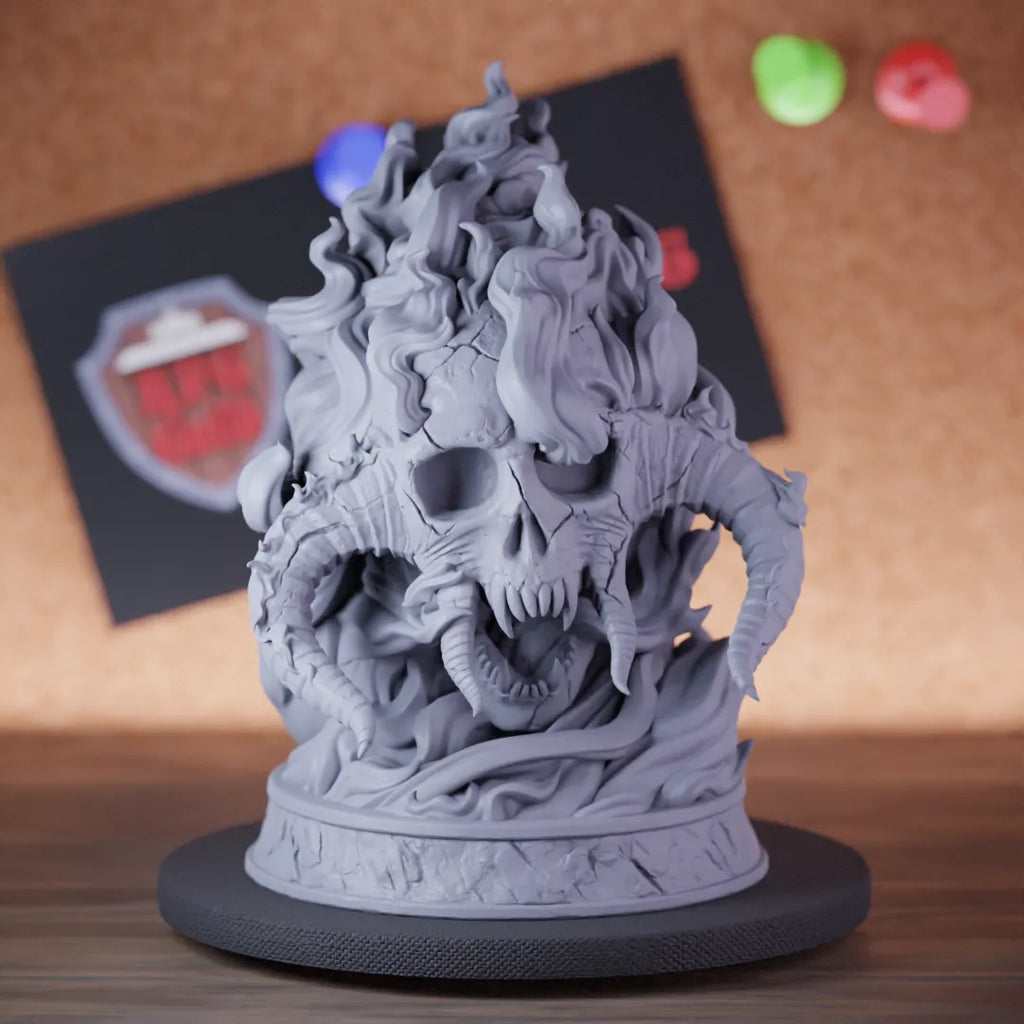 Highly detailed giant boss infernal skull miniature, perfect for DnD 5e encounters, fantasy tabletop RPG campaigns, painting and display.