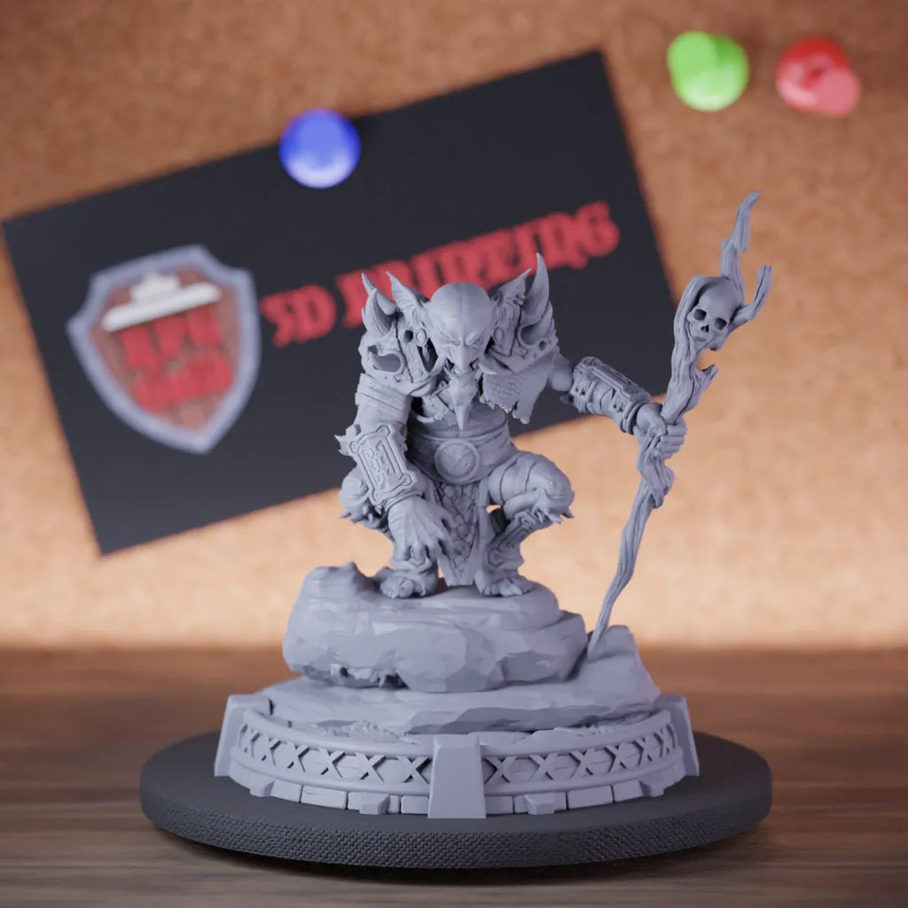 Highly detailed shaman goblin warchief miniature of Gnartz, perfect for DnD 5e encounters, fantasy tabletop RPG campaigns, painting and display.