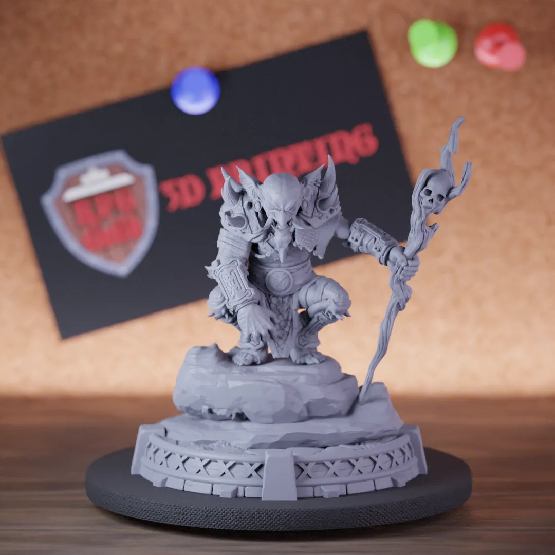 Highly detailed shaman goblin warchief miniature of Gnartz, perfect for DnD 5e encounters, fantasy tabletop RPG campaigns, painting and display.