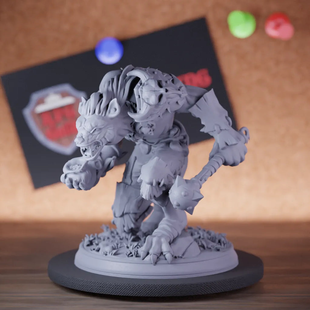 Highly detailed champion gnoll leader mace tribal miniature of GnollLeader, perfect for DnD 5e encounters, fantasy tabletop RPG campaigns, painting and display.