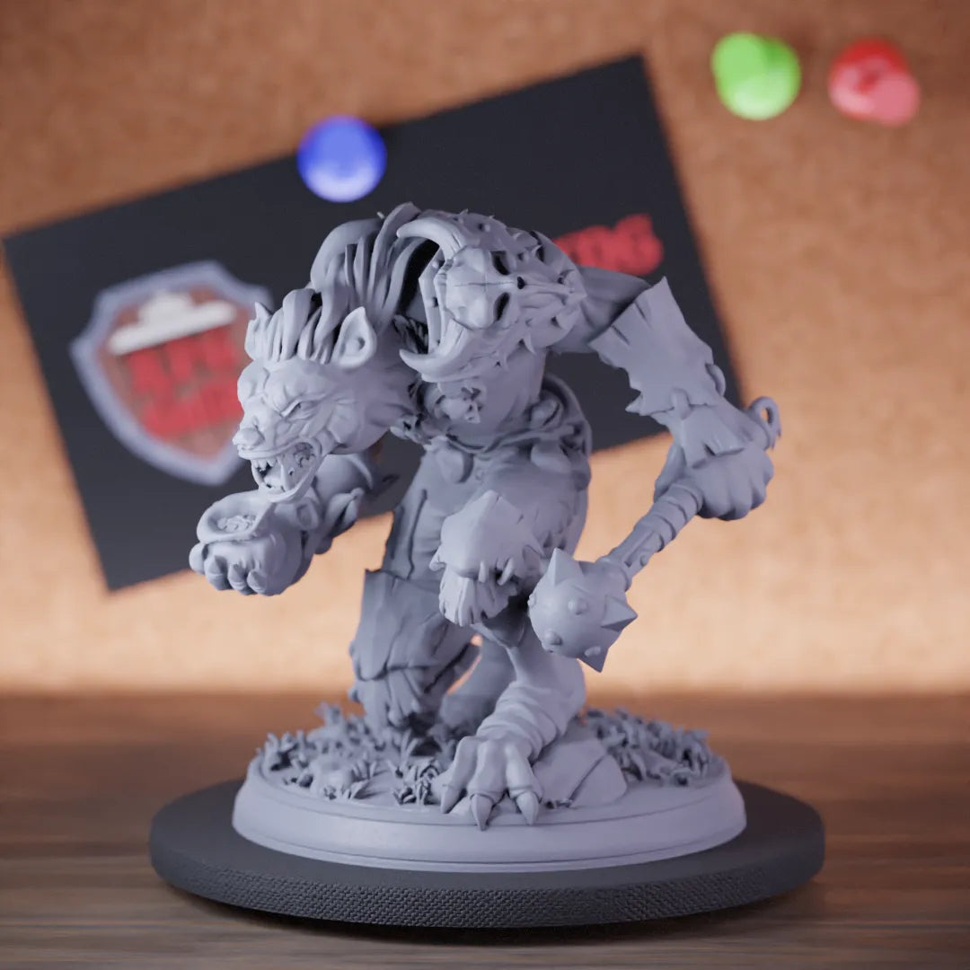 Highly detailed champion gnoll leader mace tribal miniature of GnollLeader, perfect for DnD 5e encounters, fantasy tabletop RPG campaigns, painting and display.