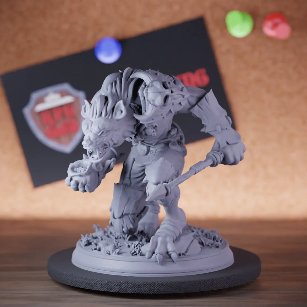 Highly detailed gnoll leader tribal miniature of GnollLeader, perfect for DnD 5e encounters, fantasy tabletop RPG campaigns, painting and display.