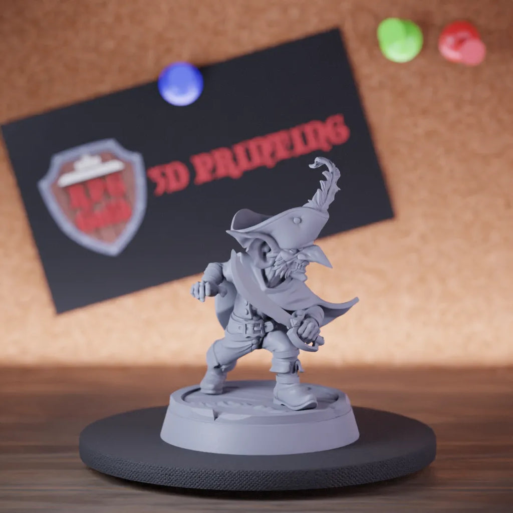 Highly detailed pirate goblin legendary corsair miniature of Goblin, perfect for DnD 5e encounters, fantasy tabletop RPG campaigns, painting and display.