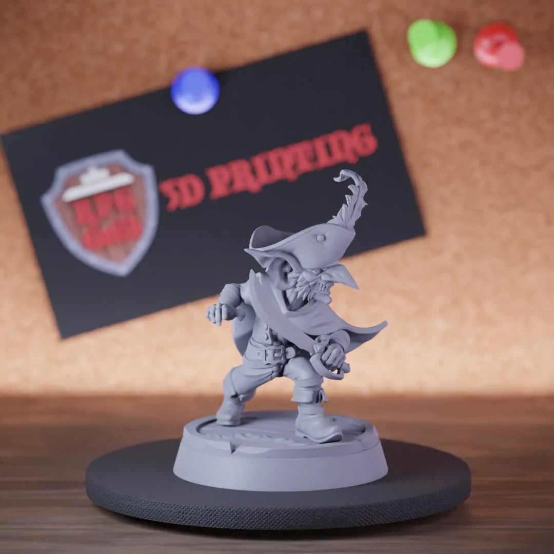 Highly detailed pirate goblin legendary corsair miniature of Goblin, perfect for DnD 5e encounters, fantasy tabletop RPG campaigns, painting and display.