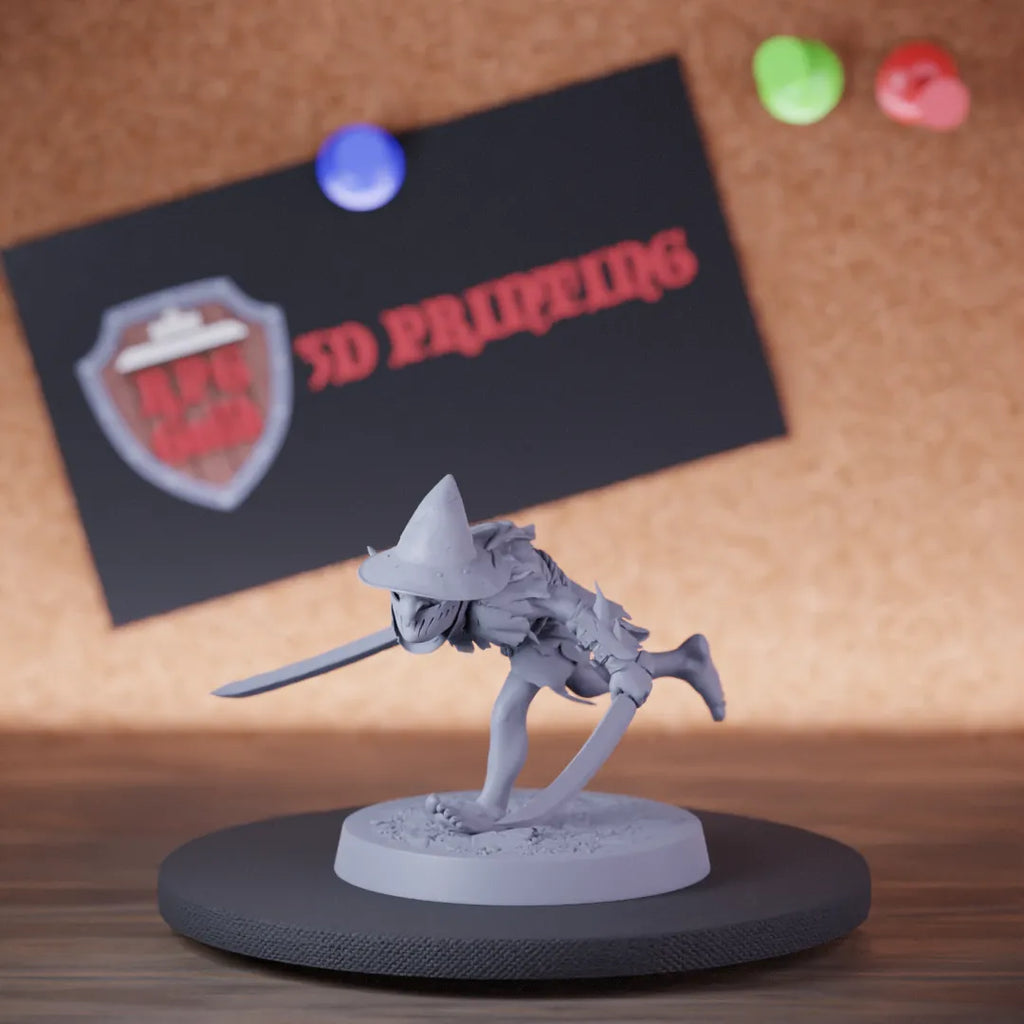 Highly detailed goblin soldier double sword running miniature of Goblin, perfect for DnD 5e encounters, fantasy tabletop RPG campaigns, painting and display.