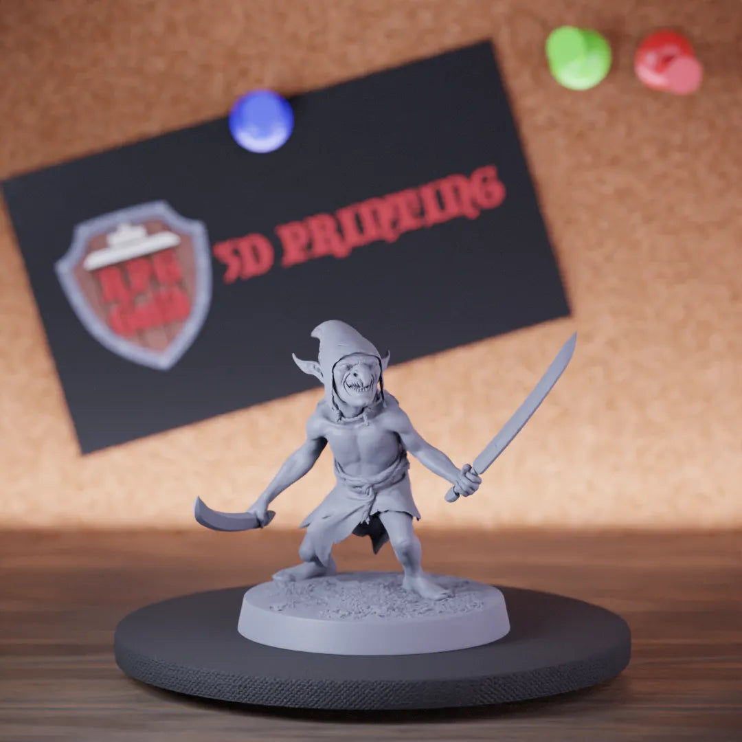 Highly detailed goblin soldier double sword miniature of Goblin, perfect for DnD 5e encounters, fantasy tabletop RPG campaigns, painting and display.