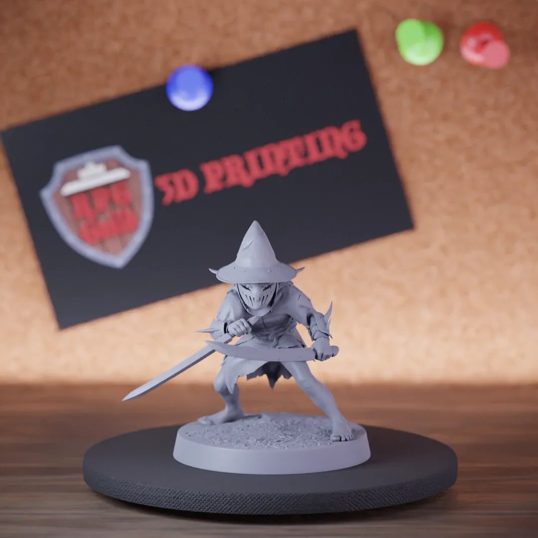 Highly detailed goblin soldier double sword assasin miniature of Goblin, perfect for DnD 5e encounters, fantasy tabletop RPG campaigns, painting and display.
