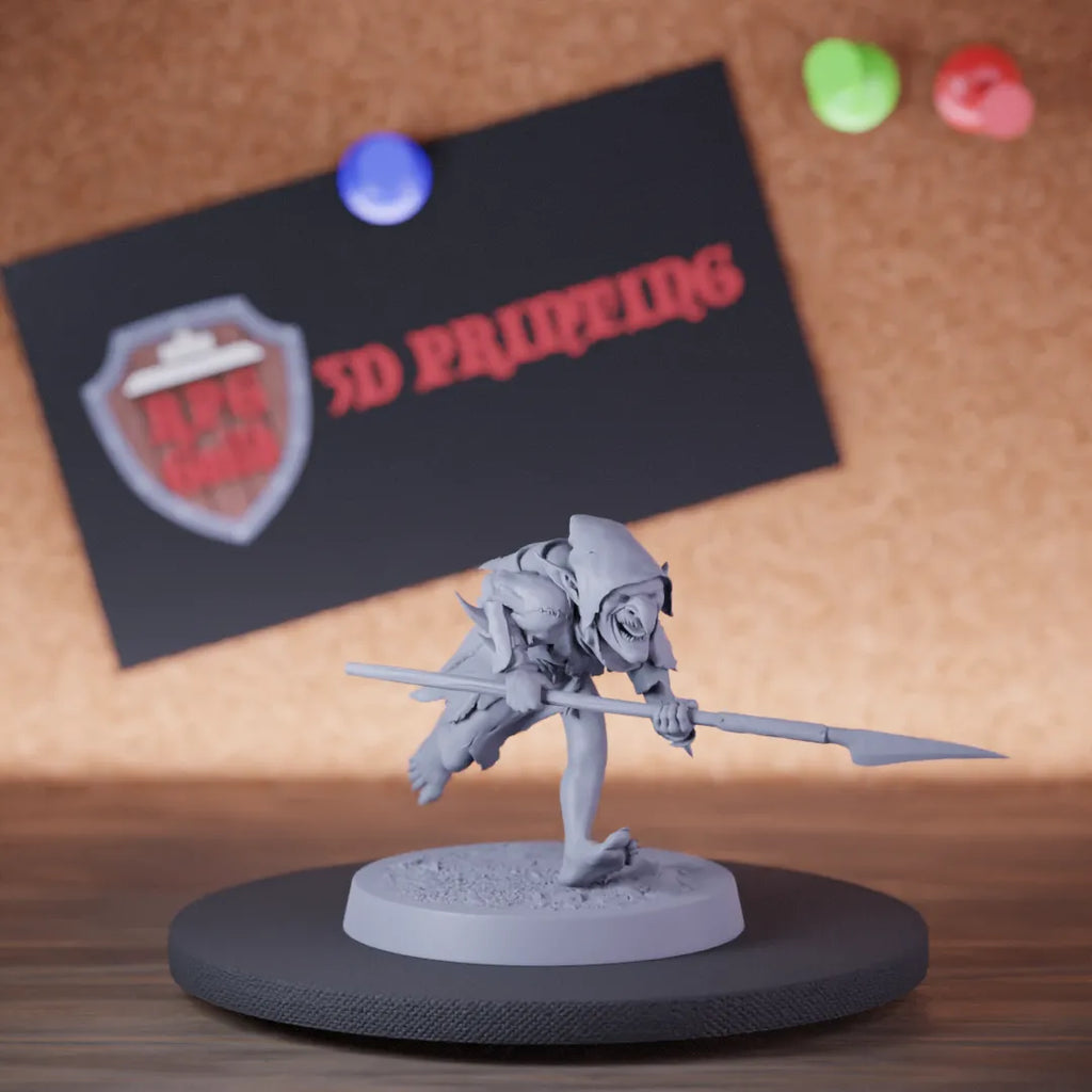 Highly detailed goblin soldier spear miniature of Goblin, perfect for DnD 5e encounters, fantasy tabletop RPG campaigns, painting and display.