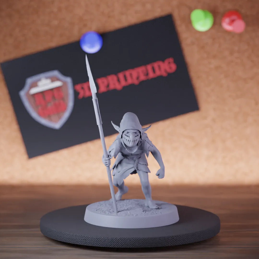 Highly detailed goblin soldier spear masked miniature of Goblin, perfect for DnD 5e encounters, fantasy tabletop RPG campaigns, painting and display.