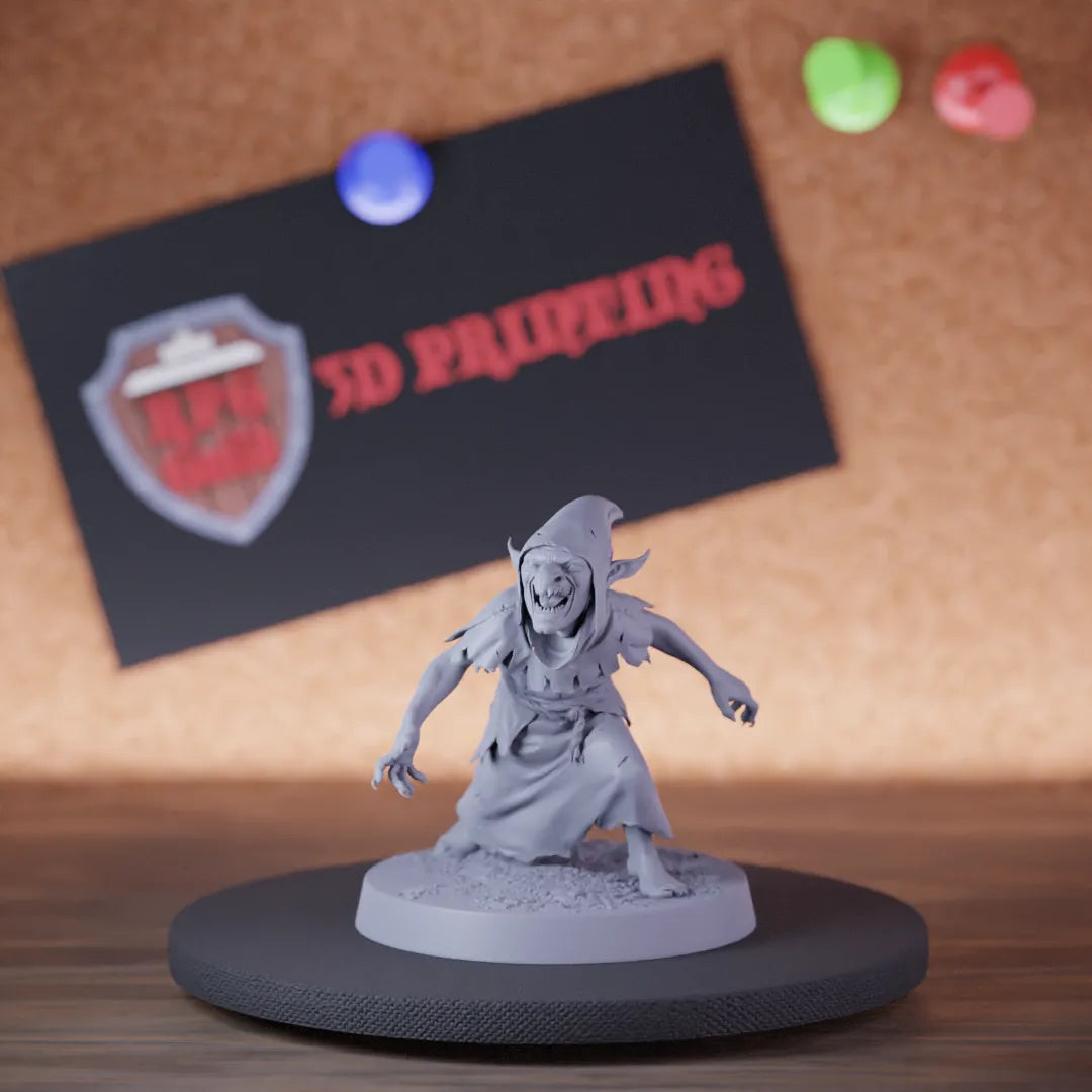 Highly detailed goblin soldier grunt tribal miniature of Goblin, perfect for DnD 5e encounters, fantasy tabletop RPG campaigns, painting and display.