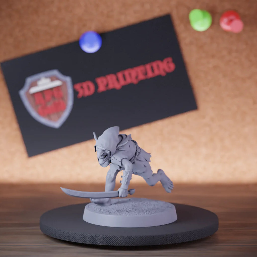 Highly detailed goblin soldier grunt sword tribal miniature of Goblin, perfect for DnD 5e encounters, fantasy tabletop RPG campaigns, painting and display.
