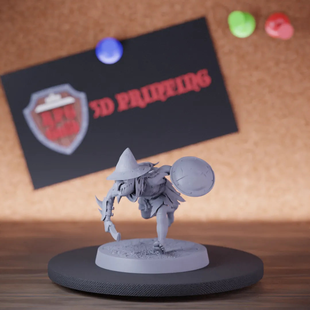 Highly detailed goblin soldier grunt sword shield miniature of Goblin, perfect for DnD 5e encounters, fantasy tabletop RPG campaigns, painting and display.