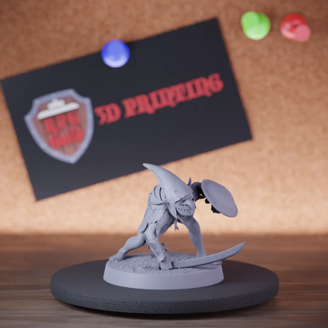 Highly detailed goblin soldier scitimar shield miniature of Goblin, perfect for DnD 5e encounters, fantasy tabletop RPG campaigns, painting and display.