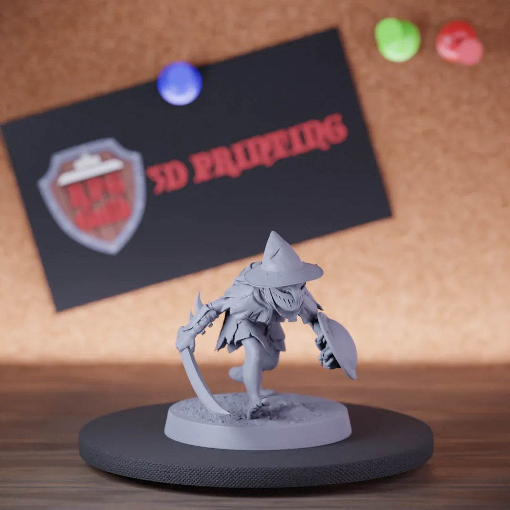 Highly detailed goblin soldier scitimar shield masked miniature of Goblin, perfect for DnD 5e encounters, fantasy tabletop RPG campaigns, painting and display.