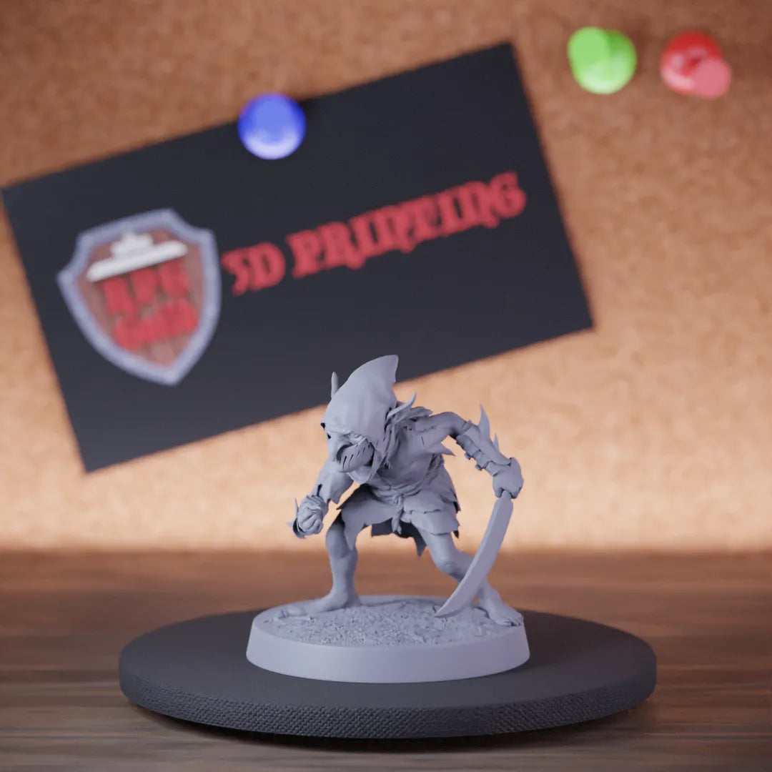 Highly detailed goblin soldier scitimar masked hooded miniature of Goblin, perfect for DnD 5e encounters, fantasy tabletop RPG campaigns, painting and display.