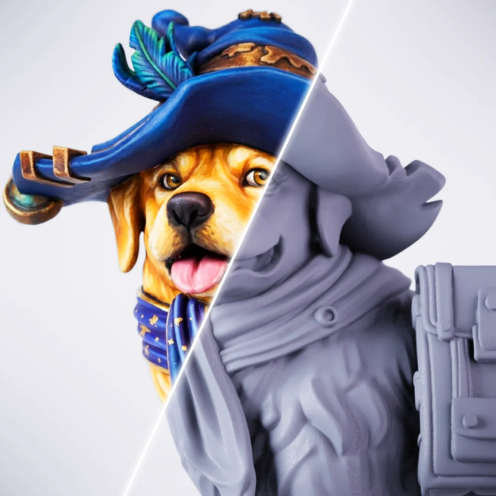 Gold Wizard – painted/unpainted split view of a whimsical golden retriever dog miniature dressed as an adventurer, wearing a blue feathered hat with tongue out
