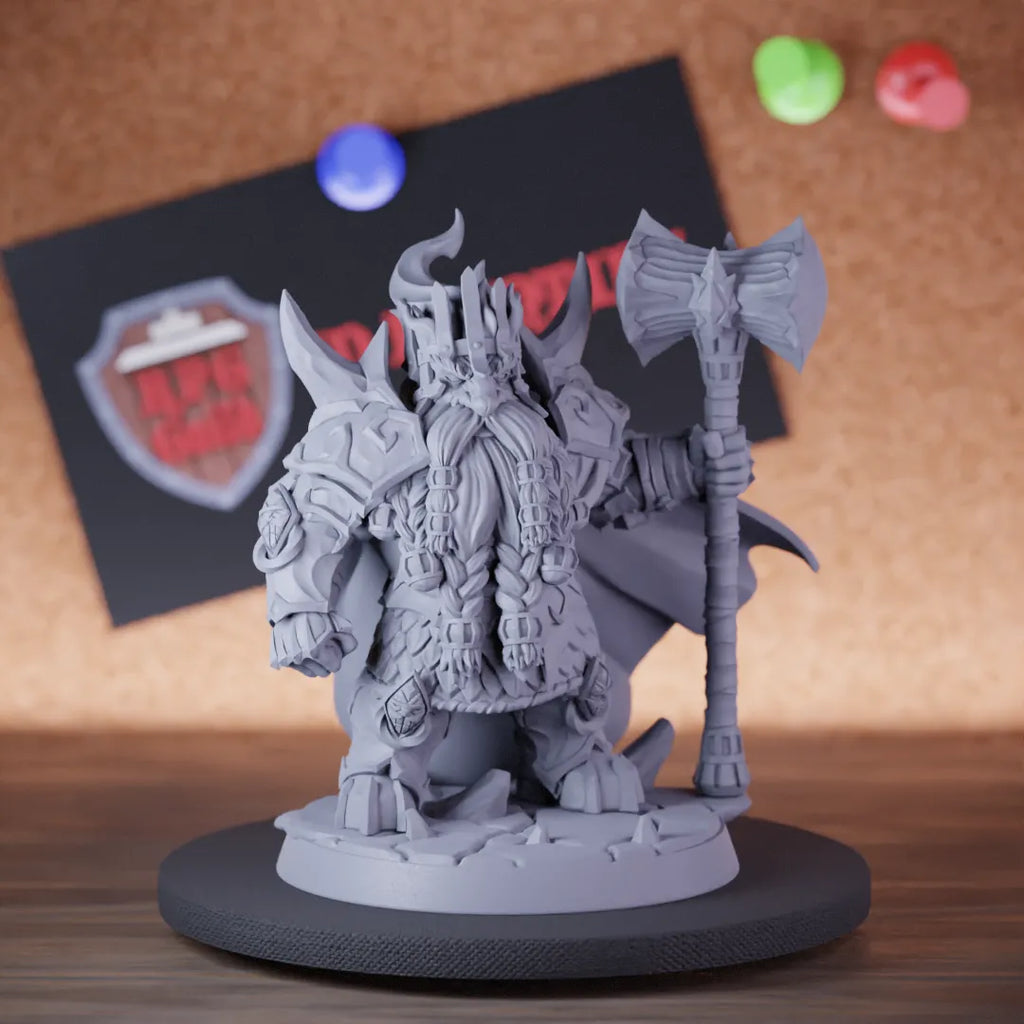 Highly detailed dwarf king emperor embers miniature of Goldrun, perfect for DnD 5e encounters, fantasy tabletop RPG campaigns, painting and display.