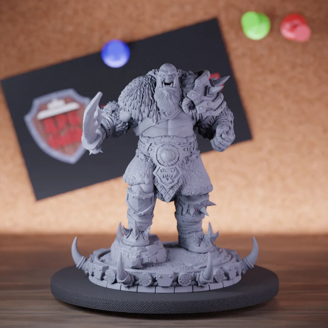 Highly detailed fighter orc barbarian sword miniature of Guldrek, perfect for DnD 5e encounters, fantasy tabletop RPG campaigns, painting and display.