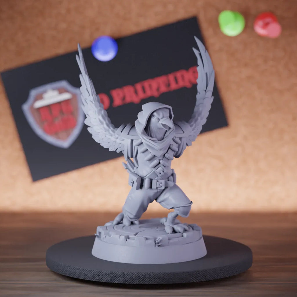 Highly detailed ranger aarakocra hawk folk miniature of Hawkfolk, perfect for DnD 5e encounters, fantasy tabletop RPG campaigns, painting and display.