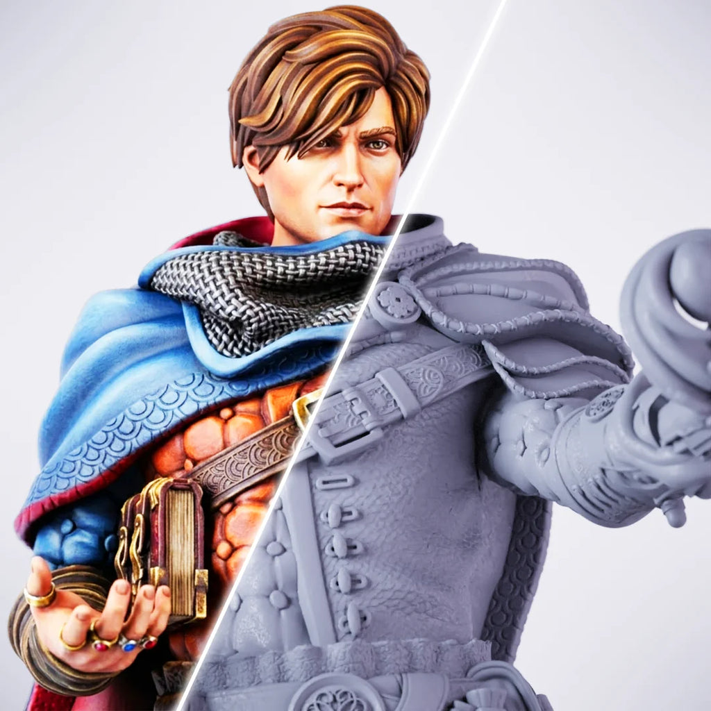 Henry Dannis – painted/unpainted split view of a male spellcaster miniature with a flowing blue cape, holding out a glowing ornate magical tome