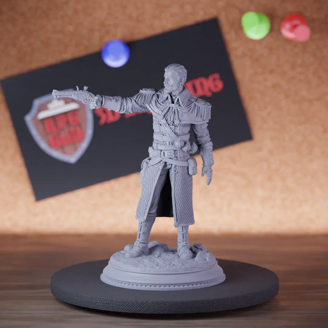Highly detailed gunslinger high inquisitor general miniature of High, perfect for DnD 5e encounters, fantasy tabletop RPG campaigns, painting and display.