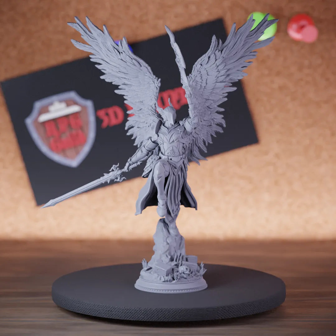 Highly detailed paladin angel warrior celestial miniature of Horauthin, perfect for DnD 5e encounters, fantasy tabletop RPG campaigns, painting and display.