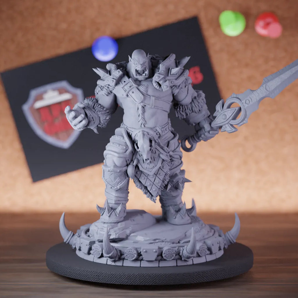 Highly detailed fighter orc warchief sword miniature of Hrothvar, perfect for DnD 5e encounters, fantasy tabletop RPG campaigns, painting and display.