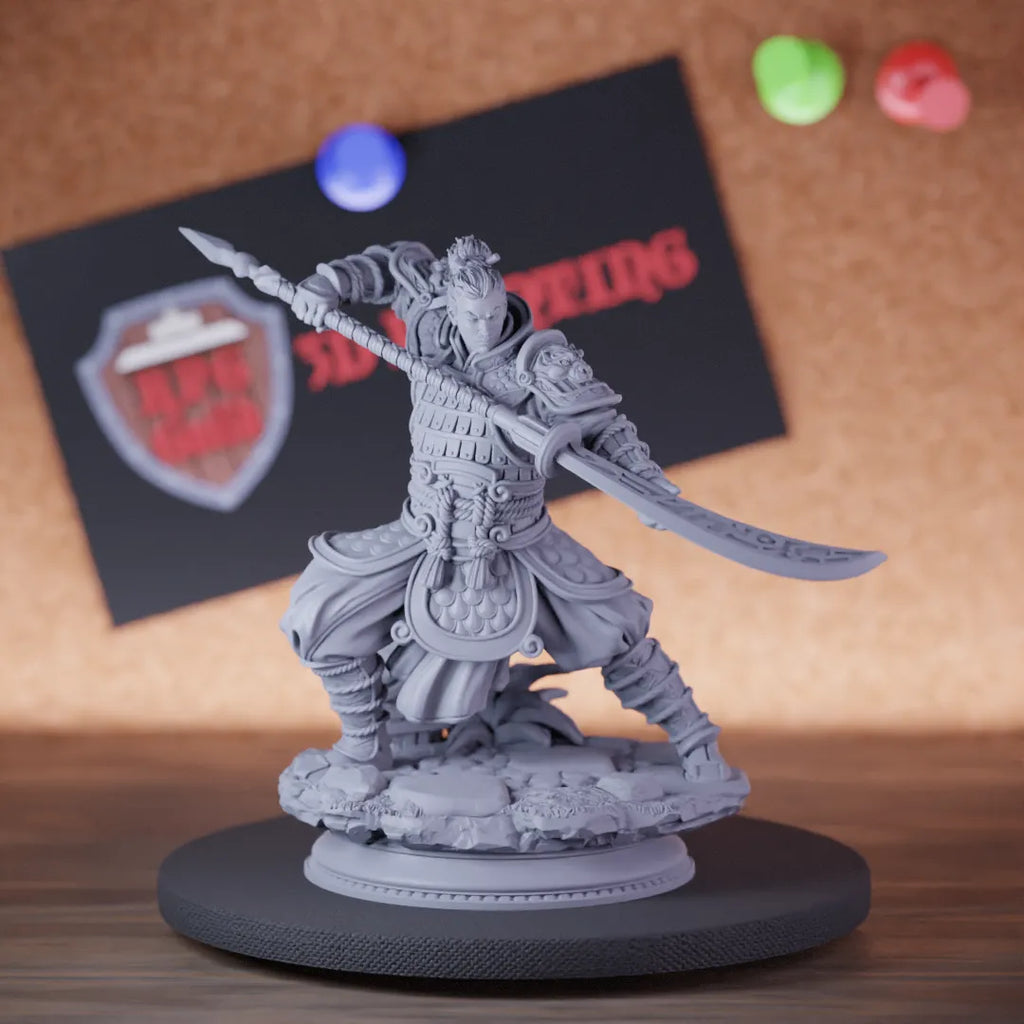 Highly detailed samurai human warrior sword miniature of Hu, perfect for DnD 5e encounters, fantasy tabletop RPG campaigns, painting and display.
