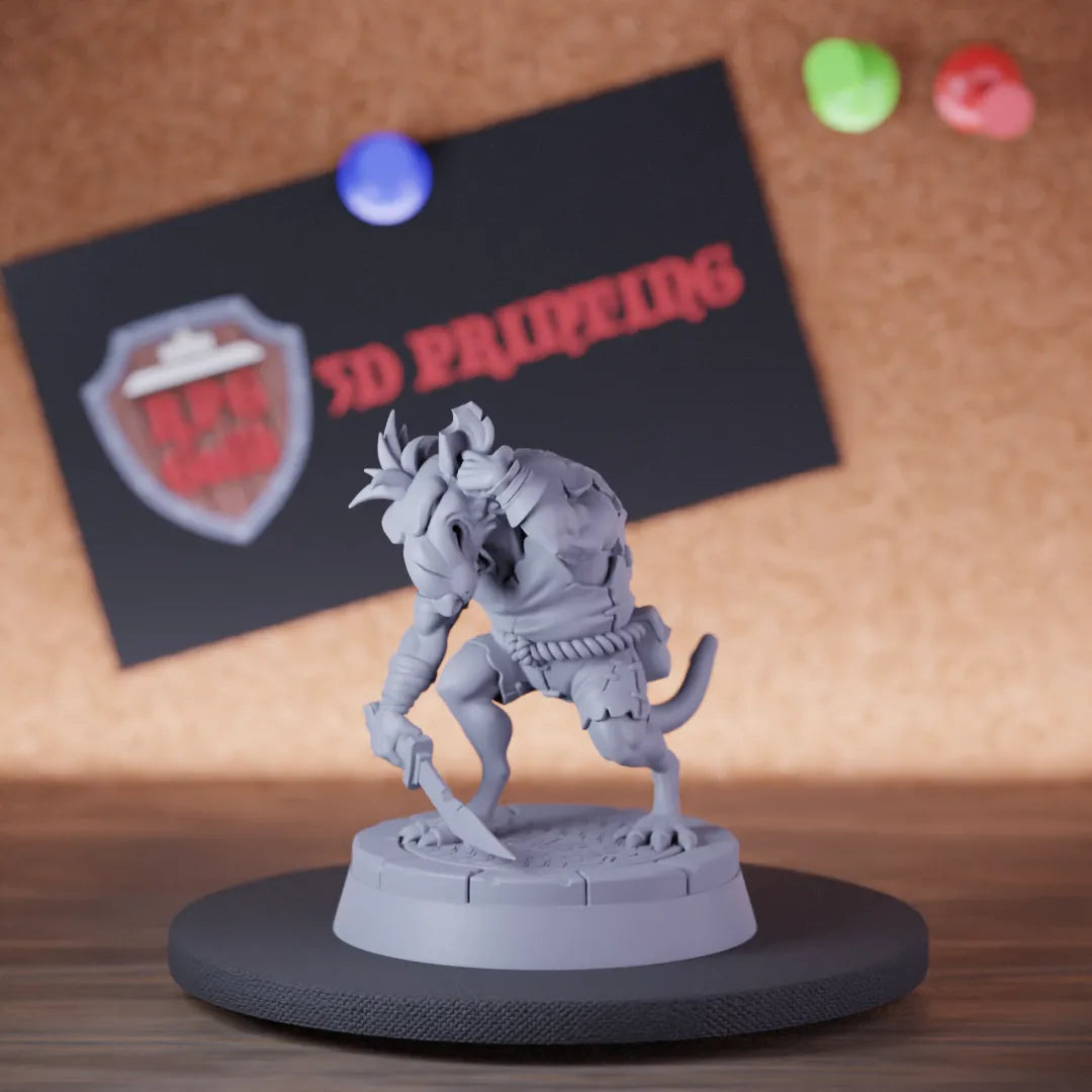 Highly detailed ratmen rusty sword guard miniature of Idle, perfect for DnD 5e encounters, fantasy tabletop RPG campaigns, painting and display.