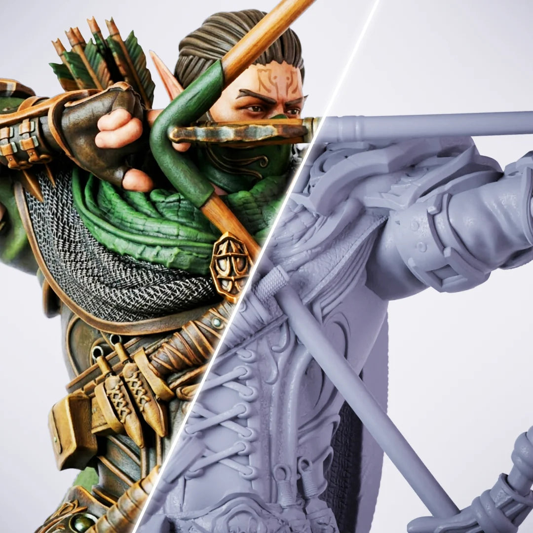 Induane – painted/unpainted split view of a male ranger miniature with facial tattoos, aiming a longbow, wearing green-and-leather armor with a quiver of arrows on his back