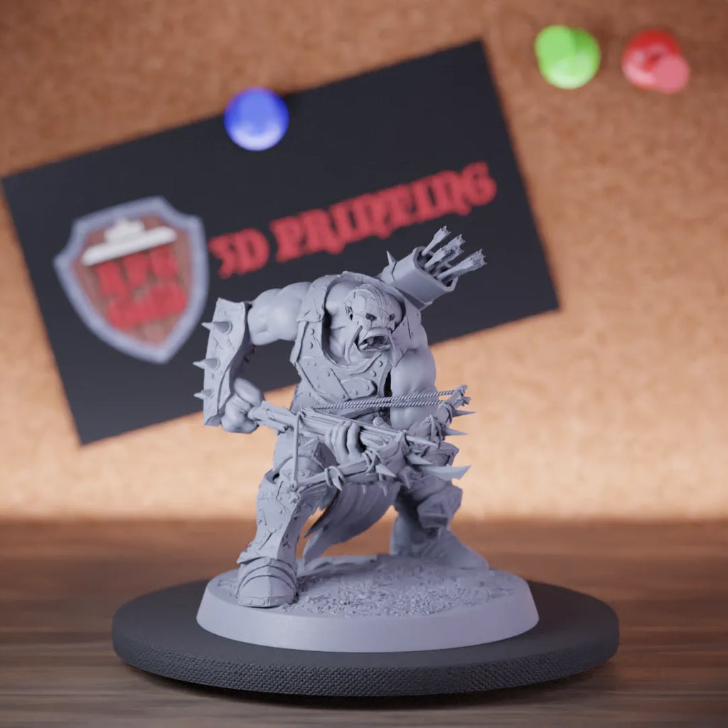 Highly detailed orc infantry crossbow angry miniature of InfantryOrc, perfect for DnD 5e encounters, fantasy tabletop RPG campaigns, painting and display.