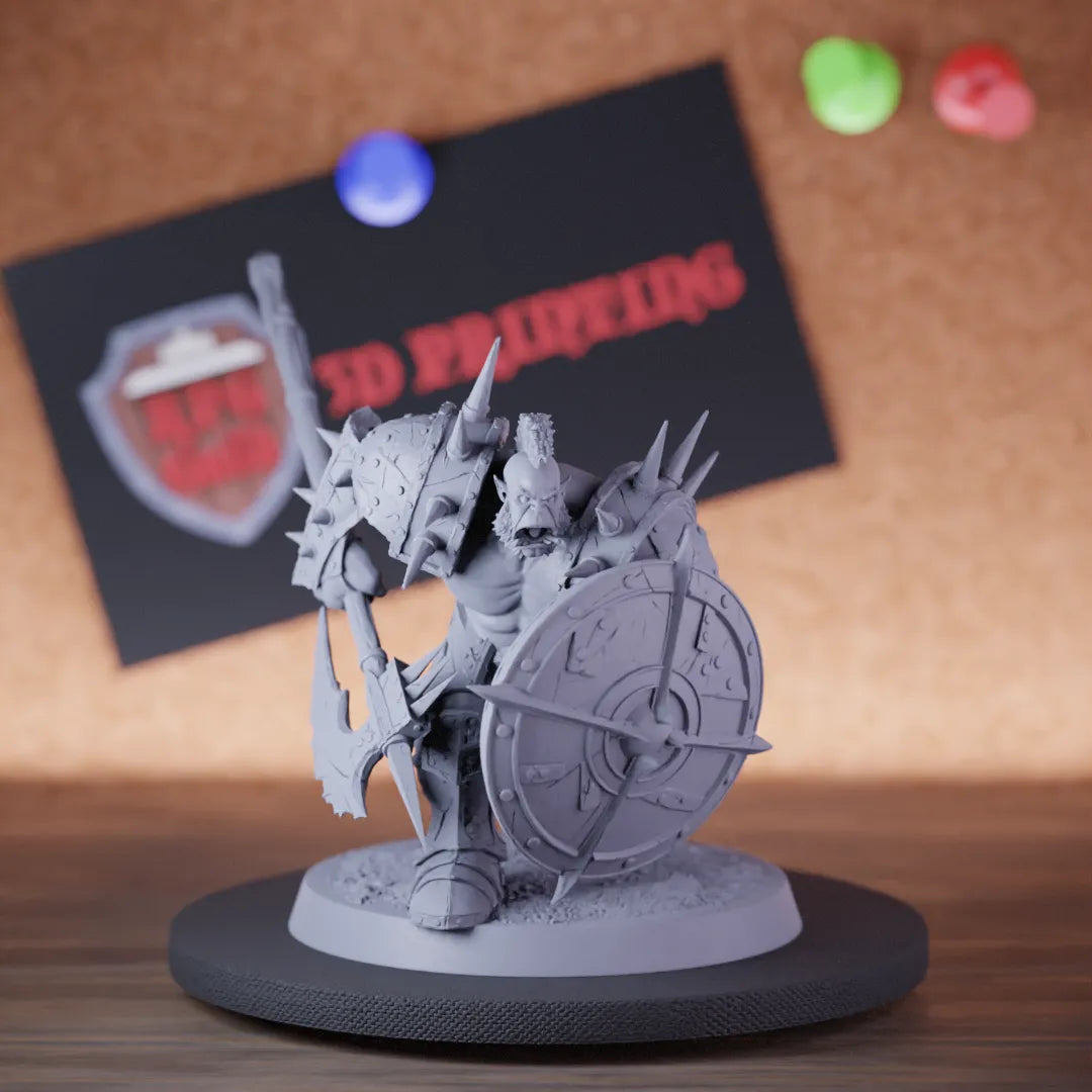 Highly detailed orc infantry halberd shield miniature of InfantryOrc, perfect for DnD 5e encounters, fantasy tabletop RPG campaigns, painting and display.