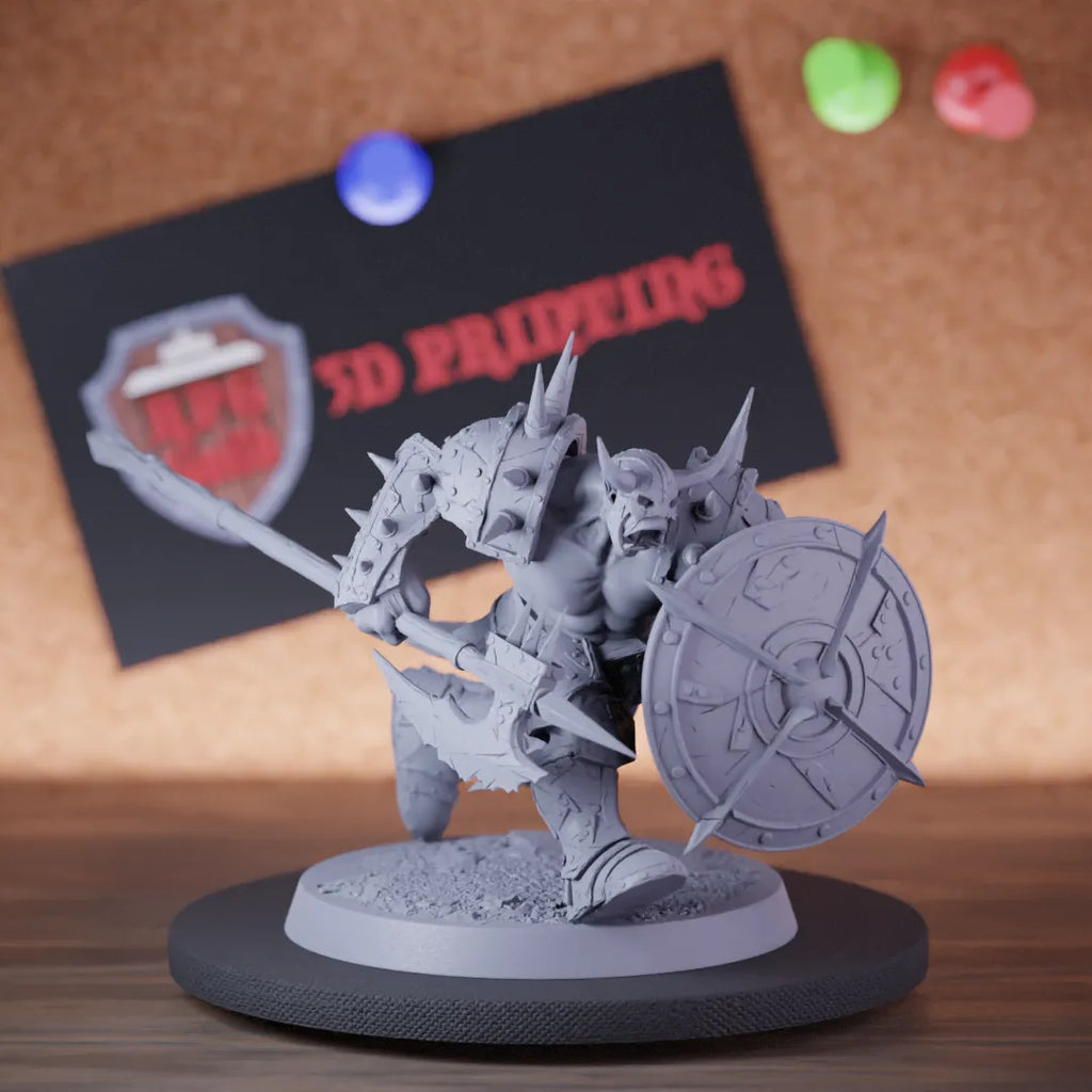Highly detailed orc lesser infantry halberd shield miniature of InfantryOrc, perfect for DnD 5e encounters, fantasy tabletop RPG campaigns, painting and display.