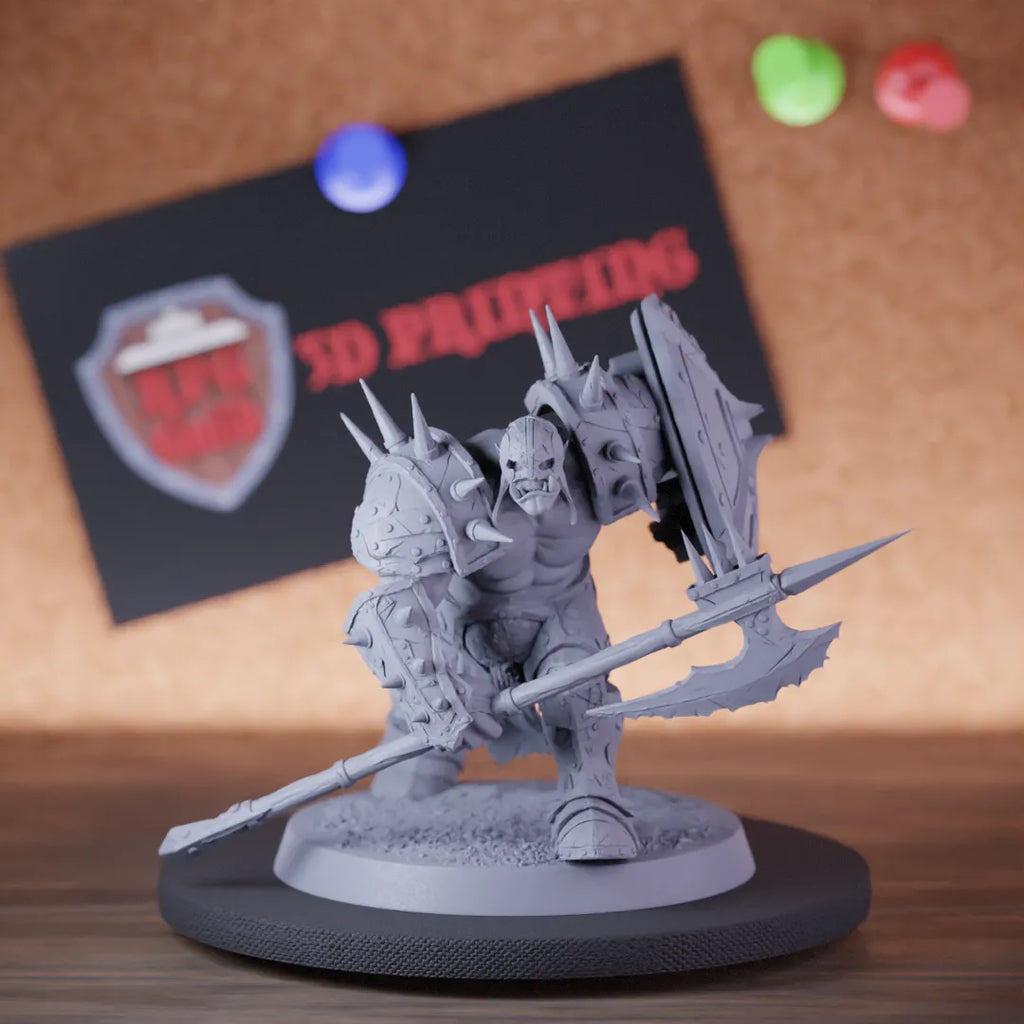 Highly detailed orc infantry halberd shield forward miniature of InfantryOrc, perfect for DnD 5e encounters, fantasy tabletop RPG campaigns, painting and display.